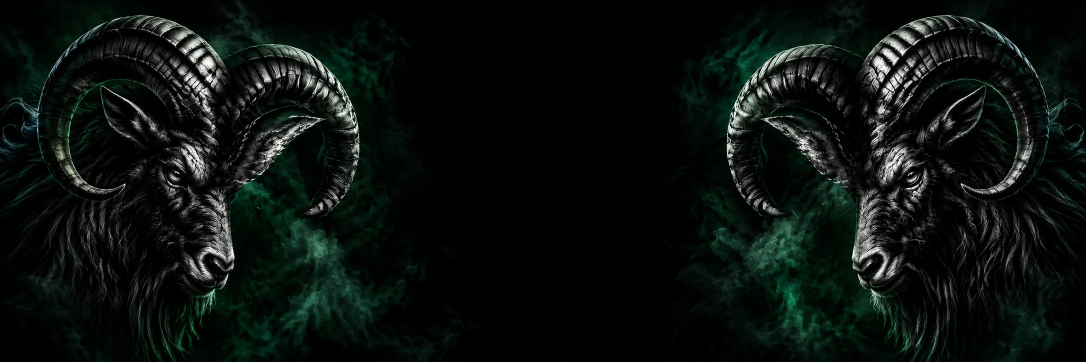 Dos machos cabríos con los cuernos completos entre humo verde esmeralda.